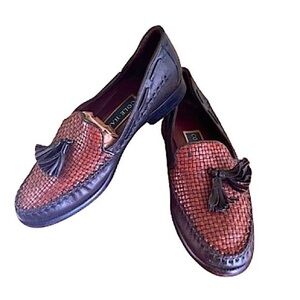 {Cole Haan} Black/Brown Woven Leather Slip-on Tassel Loafer